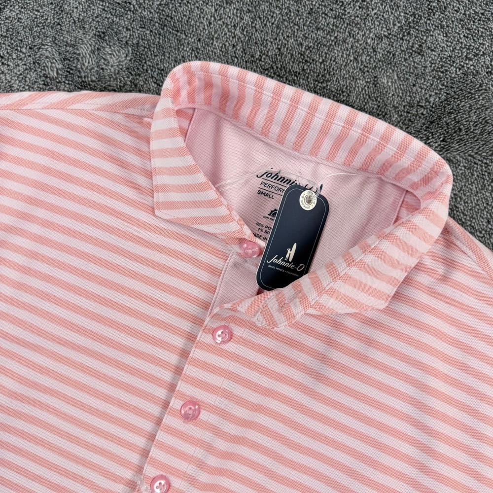 Johnnie-O Performance Polo Shirt Mens Small Pink Striped Bahama Mama NWT $110